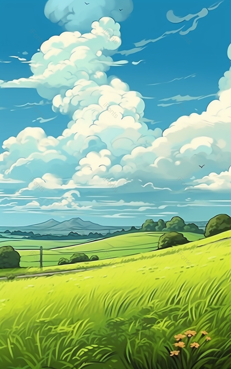 夏季的山坡上草地碧绿微风习习,插画/手绘图,插画/手绘图库,插画/手绘图下载,插画/手绘